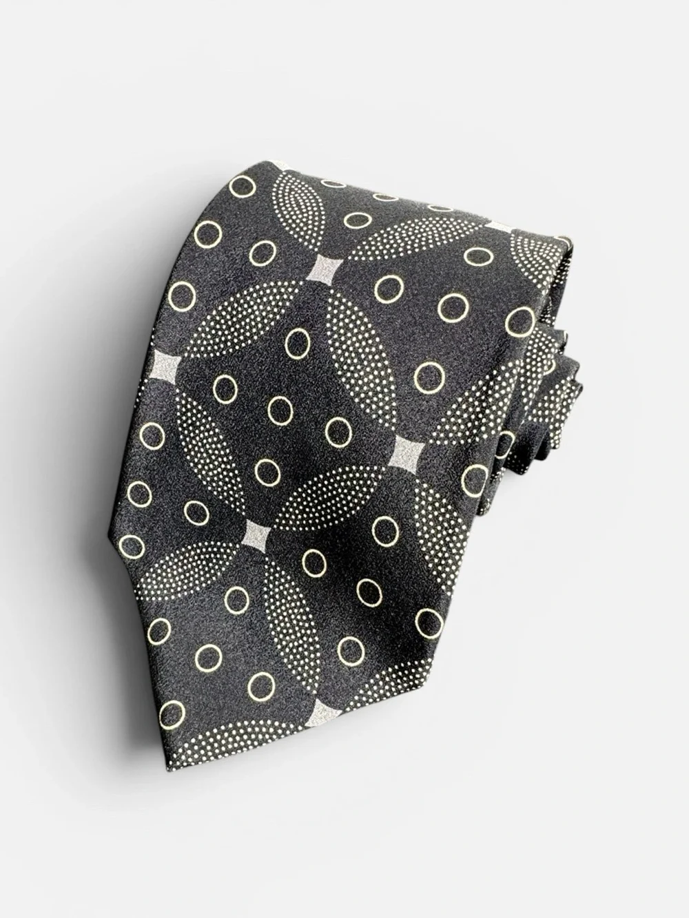 Bally mens black geometric pattern vintage 100% silk neck tie EUC